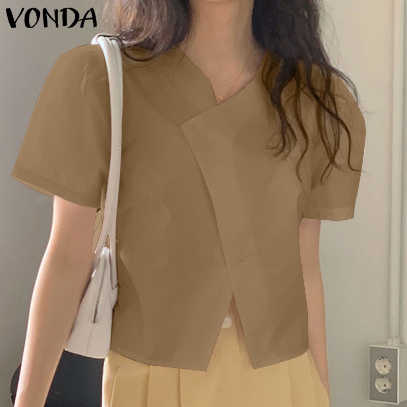 Áo Sơ Mi Ngắn Tay Cổ Tròn Màu Trơn Cài Nút Đơn Giản Phong Cách Hàn Quốc Cho Nữ