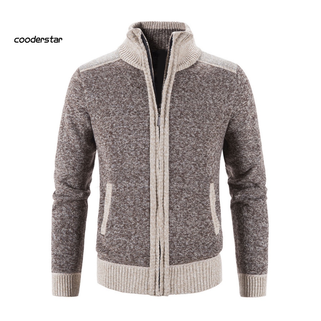 Áo Khoác Sweater Dệt Kim Tay Dài Cổ Đứng Khóa Kéo Phối Màu Cá Tính Cho Nam