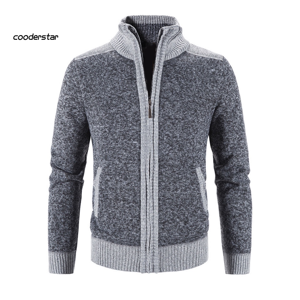 Áo Khoác Sweater Dệt Kim Tay Dài Cổ Đứng Khóa Kéo Phối Màu Cá Tính Cho Nam