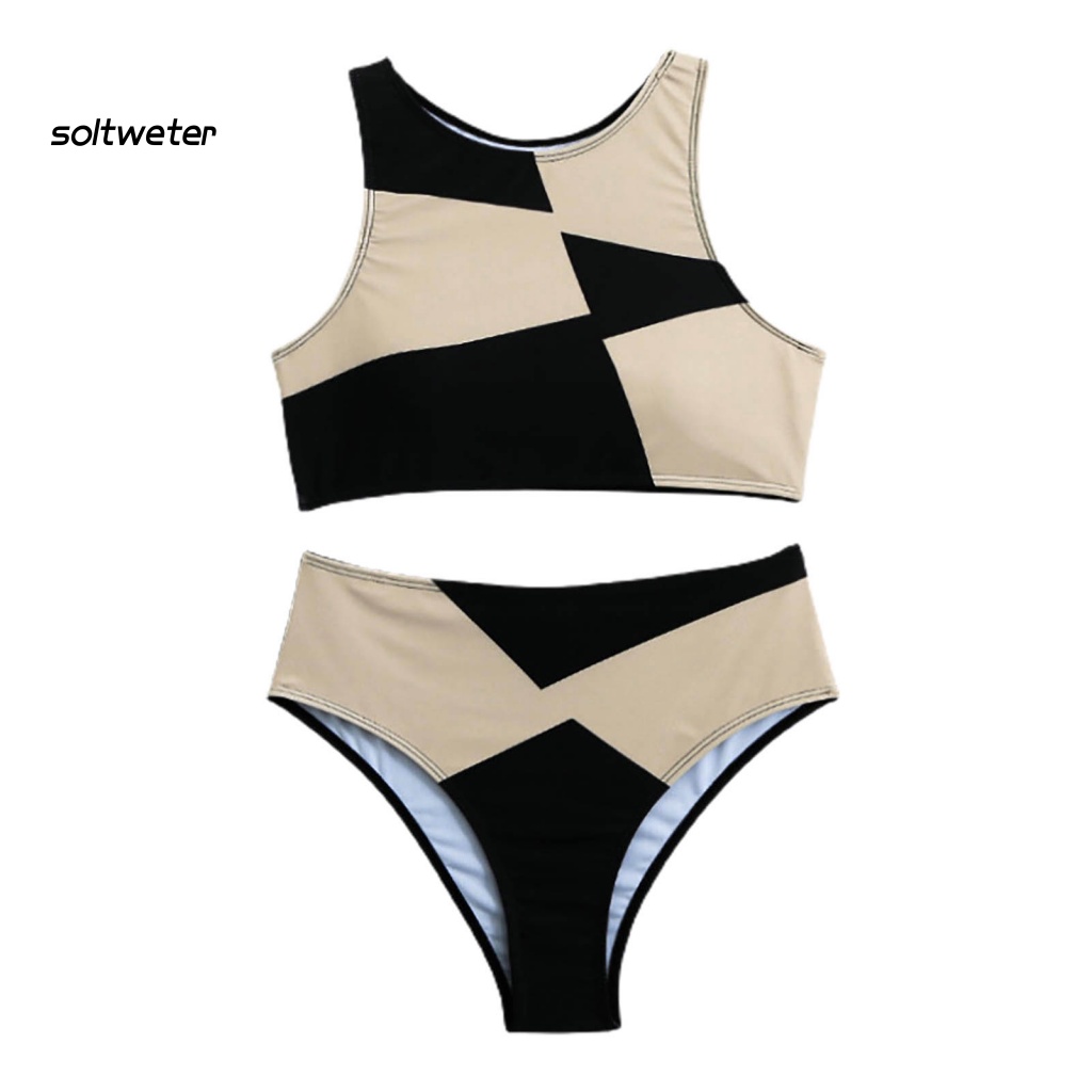 Bộ Bikini 2 Mảnh Cổ Tròn Lưng Cao Họa Tiết Hình Học Cho Nữ