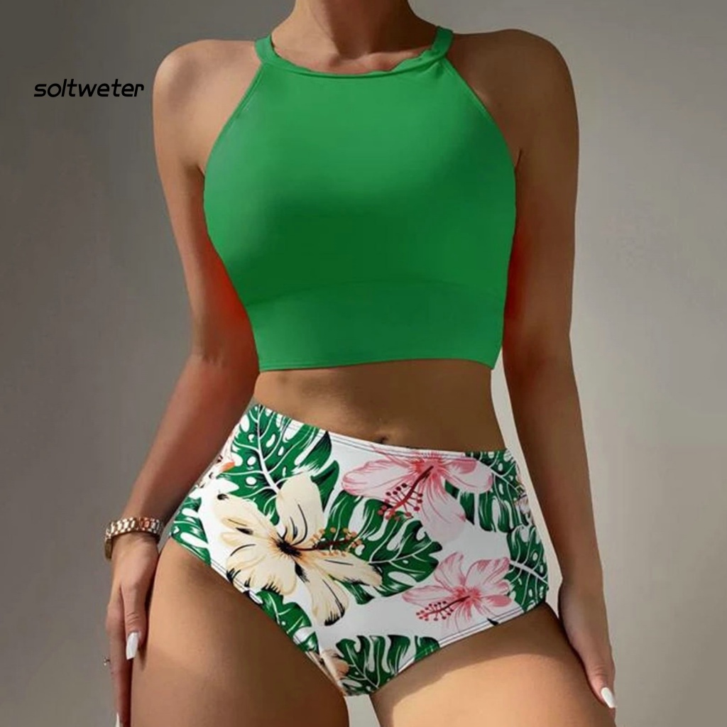 Bộ Đồ Bơi Bikini Hai Mảnh Lưng Cao Co Giãn Có Mút Đệm In Họa Tiết Hoa Thời Trang Mùa Hè Quyến Rũ Cho Nữ