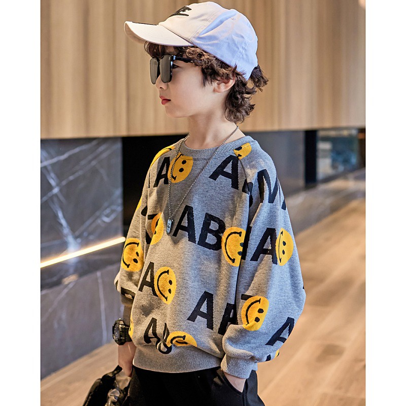 90-150cm Bé Trai Đẹp Trai Mùa Xuân Thu Phong Cách Mới Áo Chữ Mặt Cười Thời Trang Tất Cả Trận Đấu Dài Tay Rời Mồ Hôi