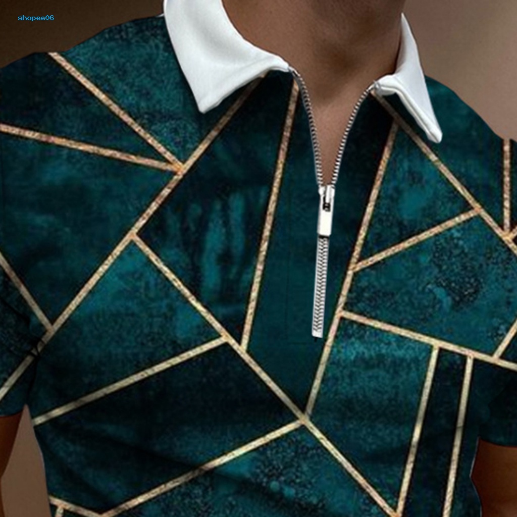 Áo Thun Tay Ngắn Cổ Bẻ Nhanh Khô In Họa Tiết Hình Học Phối Khóa Kéo Thời Trang Cho Nam