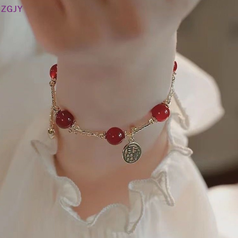 Vòng Tay Hai Lớp Xỏ Hạt Màu Đỏ Nhạt In Chữ Fu Thời Trang Cho Nữ Mới