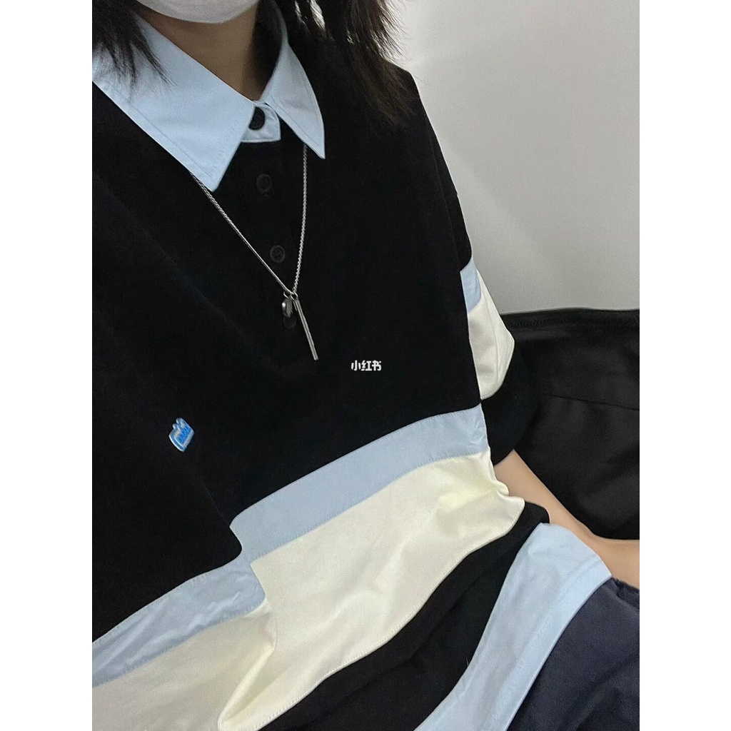 Áo polo Ngắn Tay Dáng Rộng Họa Tiết Kẻ Sọc Thời Trang Mùa Hè Cho Nữ