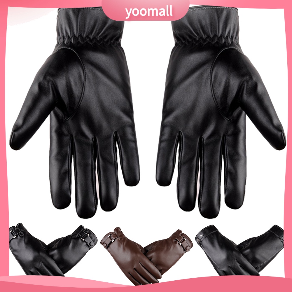 [YM] Găng Tay Giả Da Màu Trơn Dùng Được Màn Hình Cảm Ứng Dành Cho Nam Vào Mùa Đông