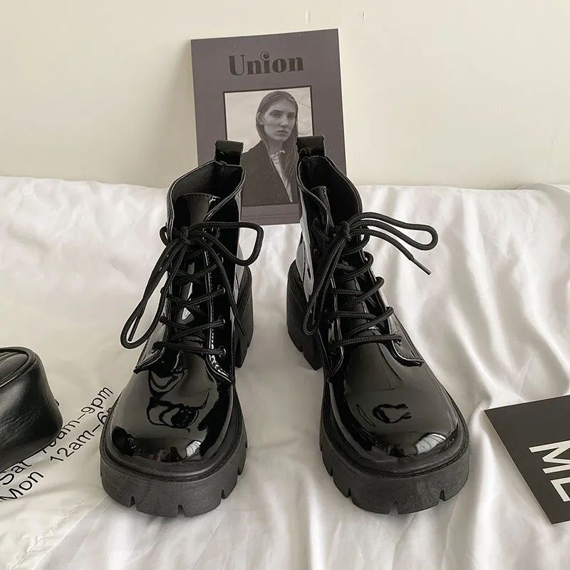 Giày Bốt Martin Da Bóng Gót Dày Tăng Chiều Cao Cá Tính