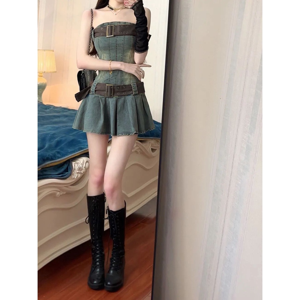 Đầm Denim Xếp Ly Dáng Ôm Eo Hẹp Phong Cách Retro Mỹ Thời Trang Thiết Kế Mới Dành Cho Bạn Gái 6W