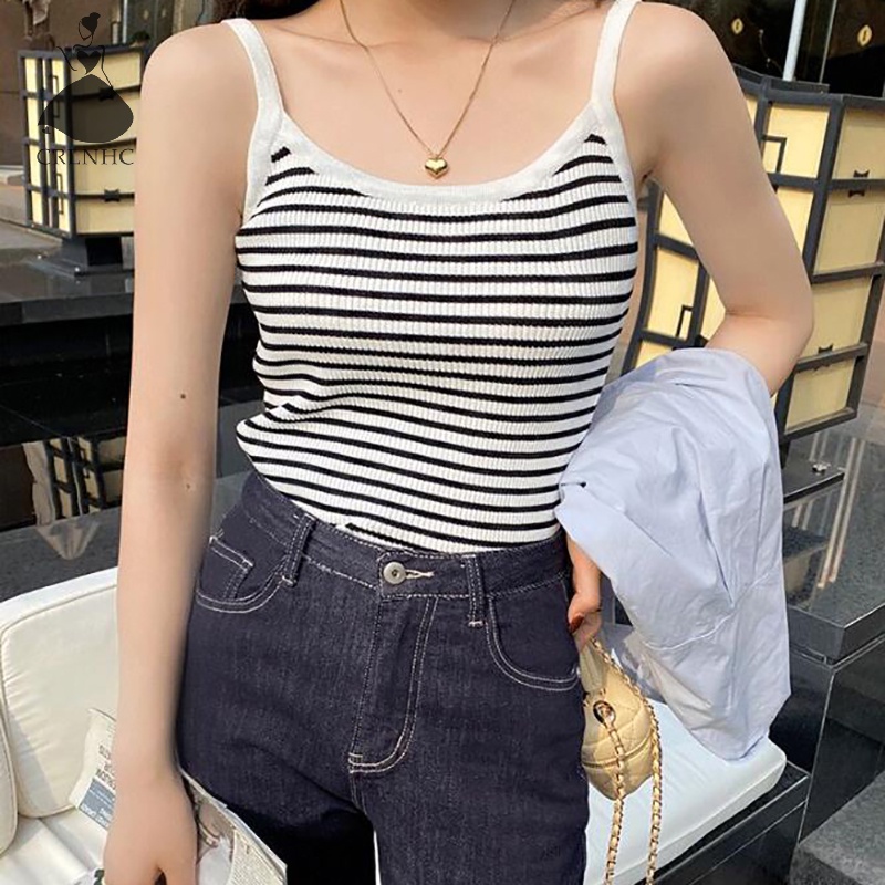 Áo Hai Dây Dệt Kim Dáng Ôm In Kẻ Sọc Kiểu Vintage Thời Trang Mùa Hè Cho Bạn Gái