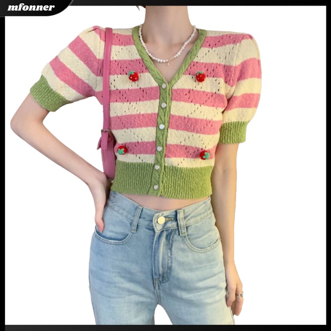 Áo Cardigan Dệt Kim Tay Ngắn Cổ Chữ V Kẻ Sọc Màu Sắc Tương Phản Thời Trang Mùa Hè Cho Nữ