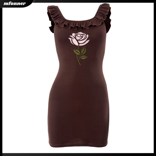 Đầm Dáng Chữ A Màu Trơn Trễ Vai Phối Bèo In Hoa Hồng Dễ Thương Cho Bạn Gái