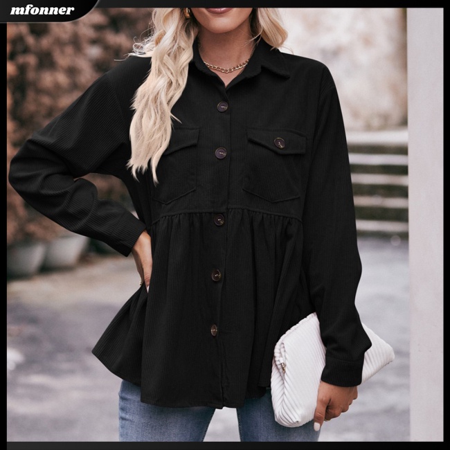 Áo Khoác Nhung Kẻ Tay Dài Màu Trơn Cài Nút Có Túi Dành Cho Nữ