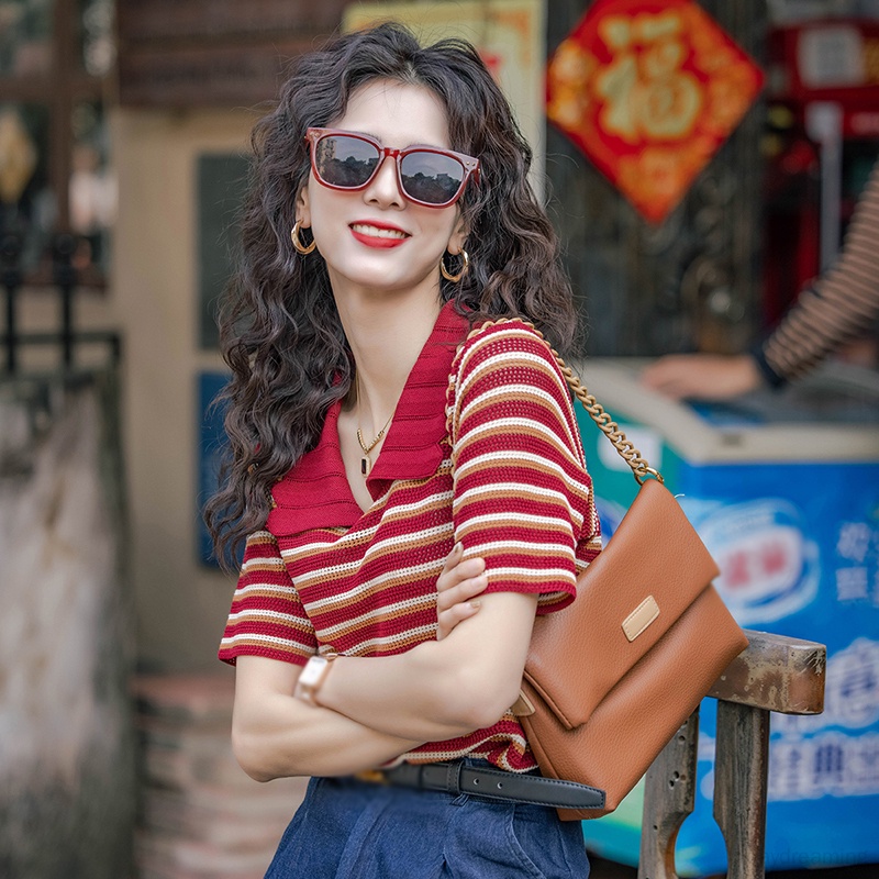 Áo Thun Dệt Kim Cổ Bẻ Họa Tiết Kẻ Sọc Thời Trang Mùa Hè Cho Nữ