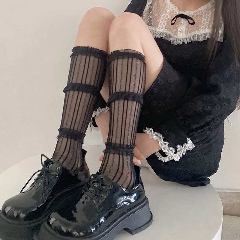 Vớ Dài Phối Ren Đính Nơ Ngọc Trai Thủ Công Phong Cách Nhật Bản Cho Nữ