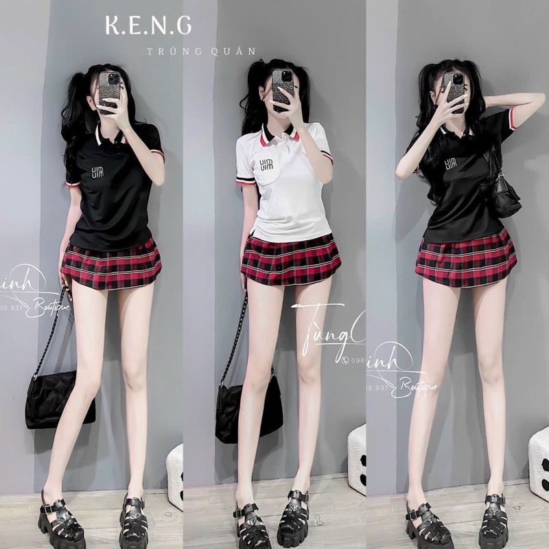 Set Bộ Áo Thun PoLo Viền Đỏ UIM axt Tay Ngắn + Váy Xếp Sọc Đỏ Có Lót Quần alohashop91