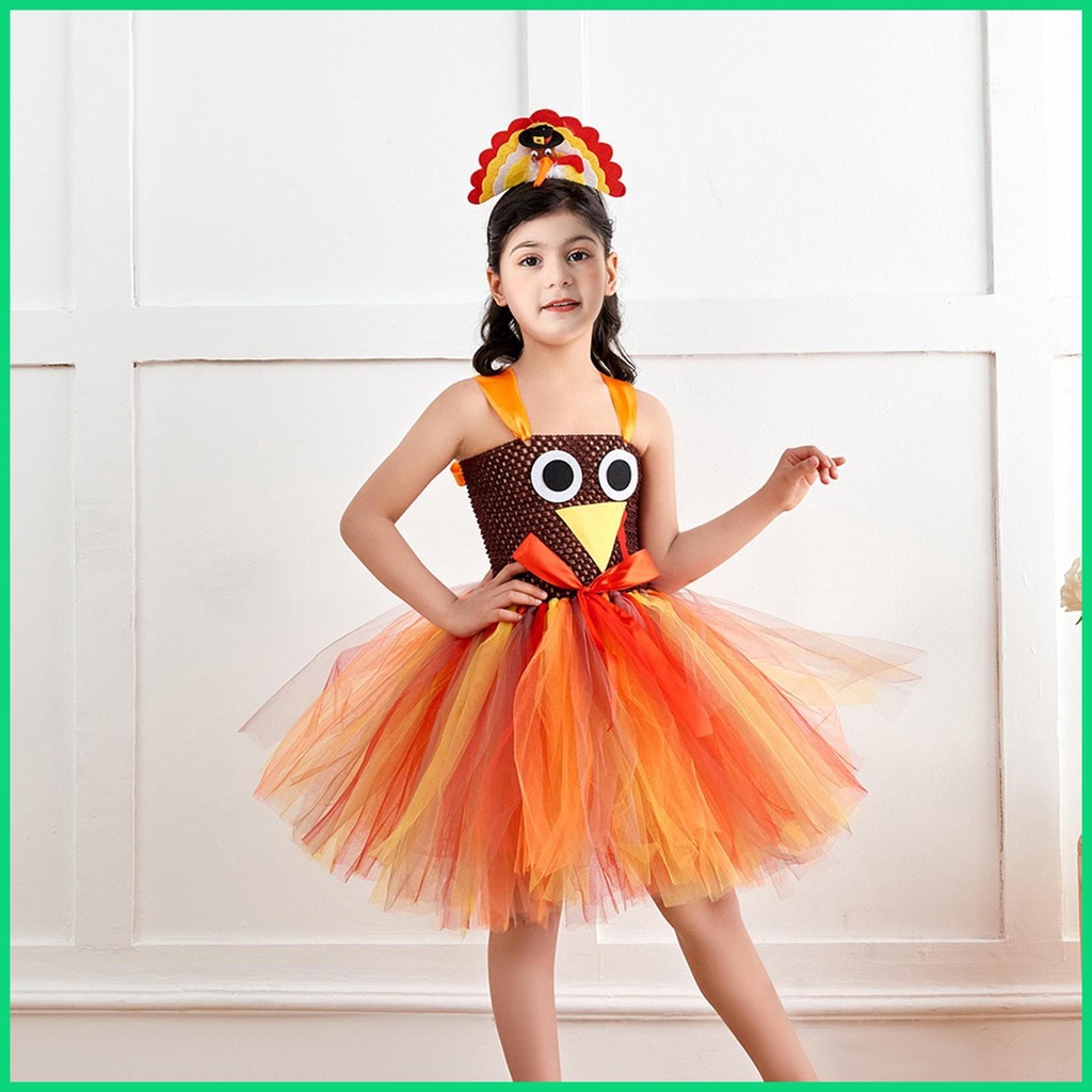 Đầm Xòe Tutu Mềm Mại Thoáng Khí Hóa Trang Lễ Tạ Ơn Gà Tây Đính Nơ Cho Bé Gái