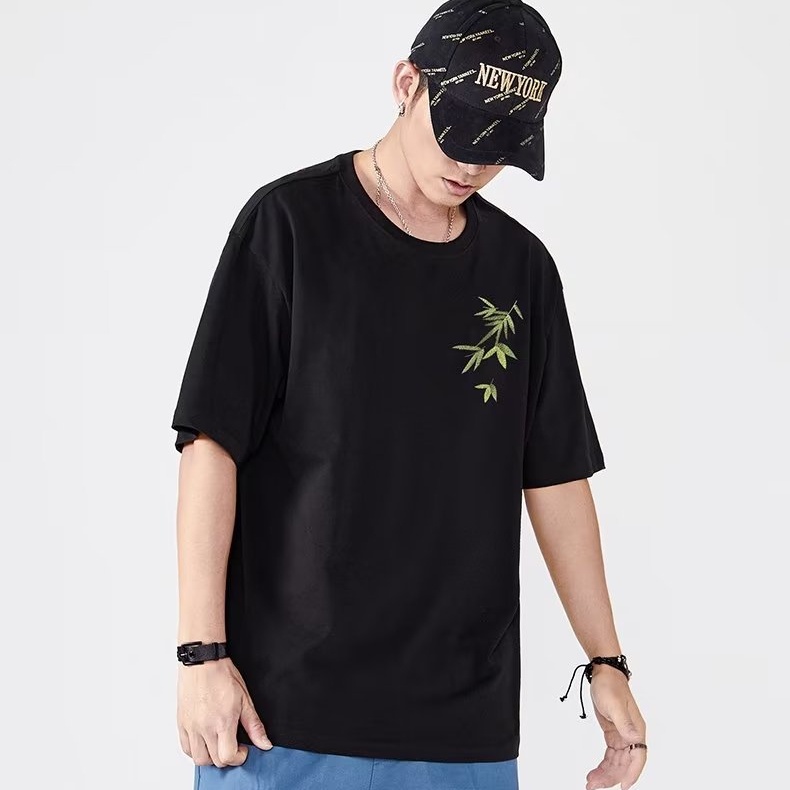 Áo Thun Tay Ngắn Dáng Rộng Thêu Hình Lá Tre Thời Trang Cá Tính Cho Nam