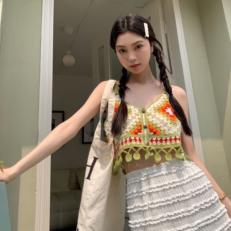 Áo Croptop Dệt Kim Cổ Chữ V Phối Tua Rua Màu Sắc Tương Phản Thời Trang Mùa Hè Cho Nữ