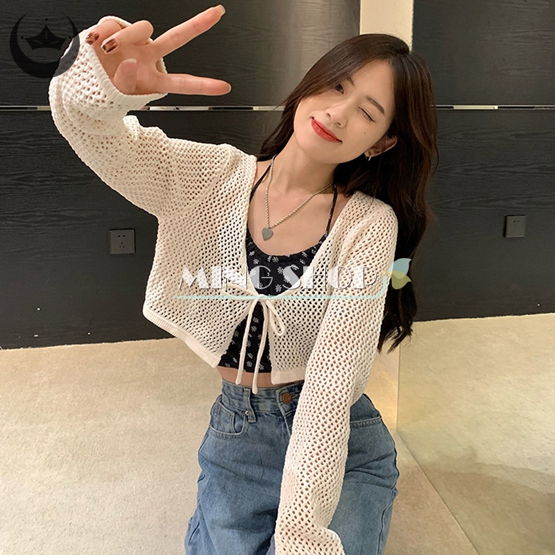 Áo Lửng Hai Dây + Áo Khoác Cardigan Dệt Kim Mỏng Dài Tay Thời Trang Mùa Hè Cho Nữ