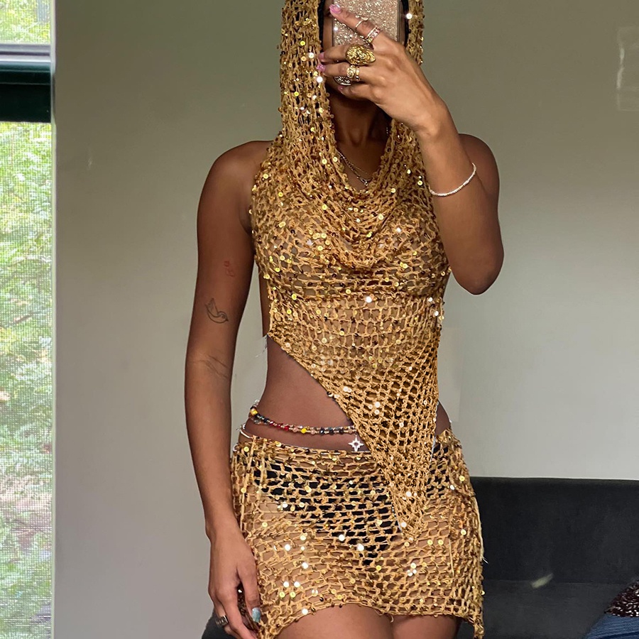 Klalien Set Áo Crop Top Hở Lưng + Chân Váy Ngắn Xuyên Thấu Gợi Cảm