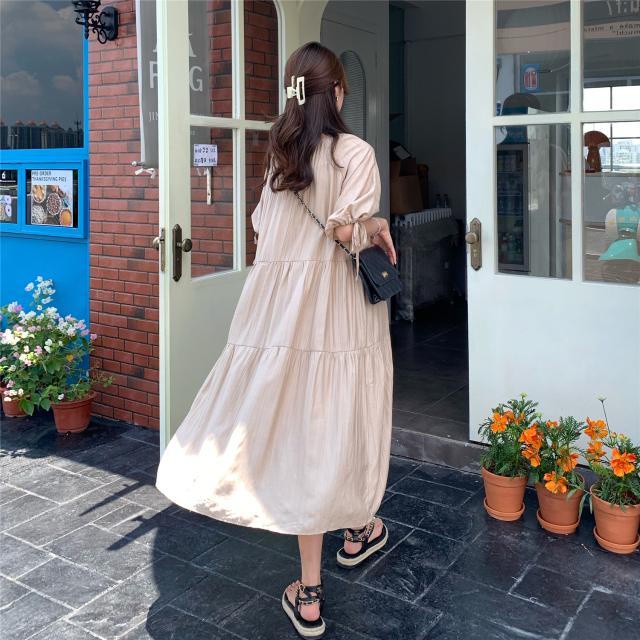 Đầm Vải Lanh Tay Phồng Dáng Rộng Buộc Dây Màu Trà Sữa Phong Cách Pháp Thời Trang Xuân Thu 2023 Mới Dành Cho Bạn Nữ