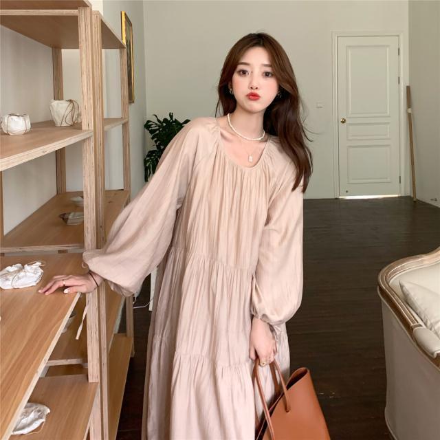 Đầm Vải Lanh Tay Phồng Dáng Rộng Buộc Dây Màu Trà Sữa Phong Cách Pháp Thời Trang Xuân Thu 2023 Mới Dành Cho Bạn Nữ