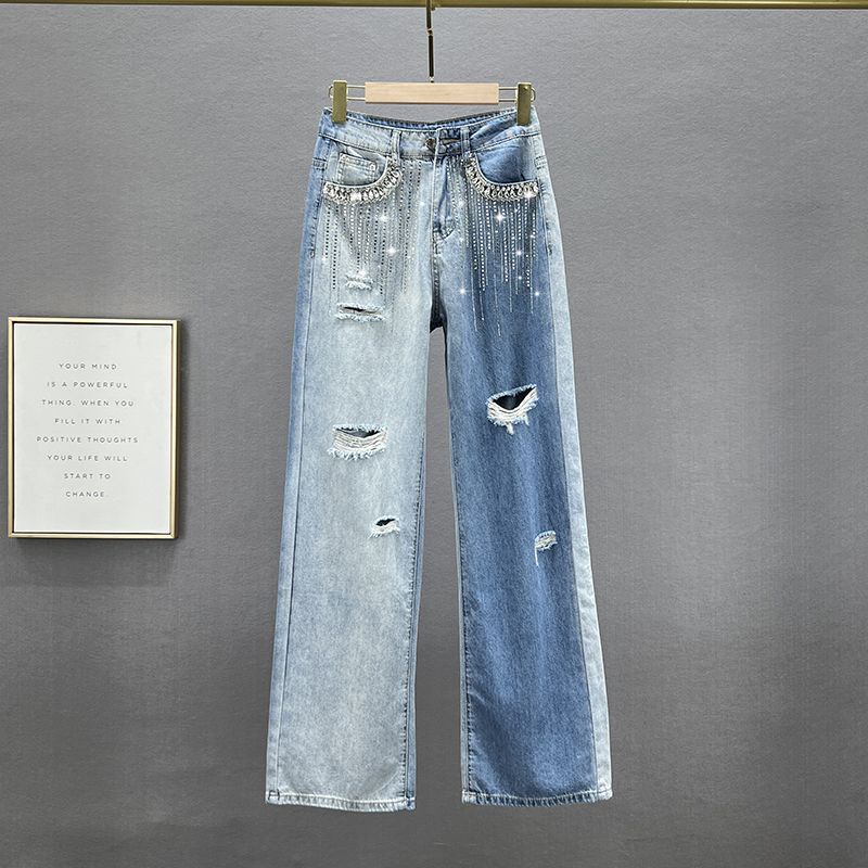 Quần Denim Ống Rộng Lưng Cao Phối Rách Đính Đá Gradient Phong Cách Hong Kong Thời Trang Mùa Hè Mới 2023 Cho Nữ