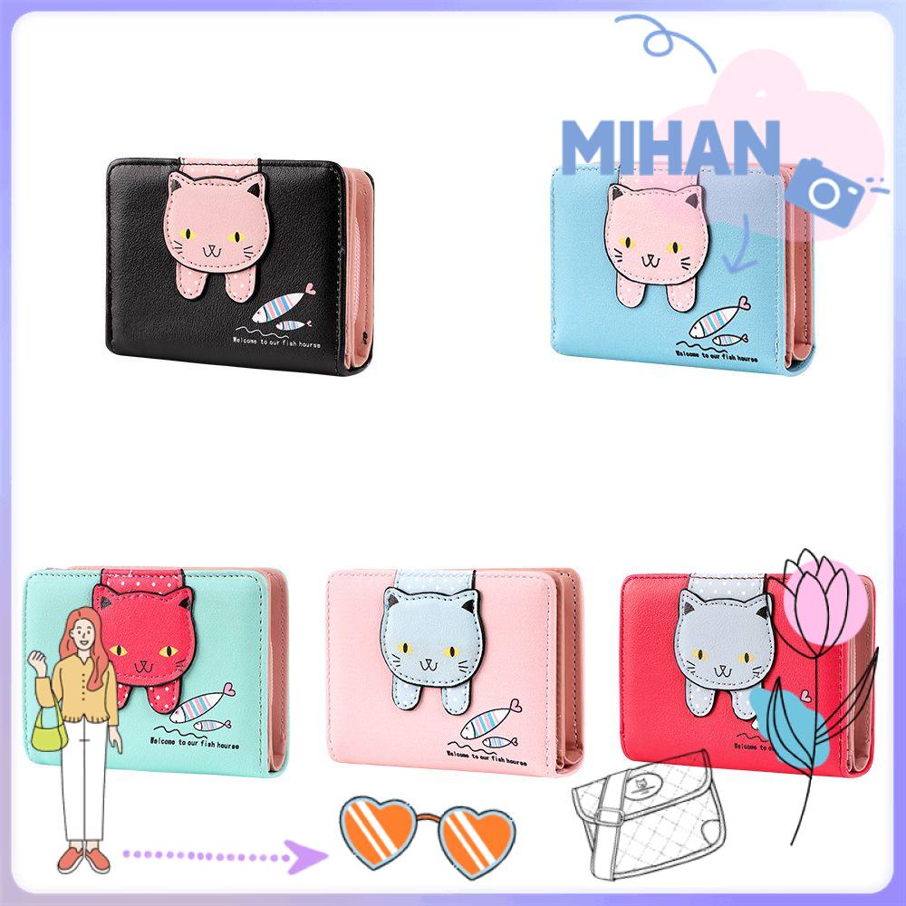 Ví Ngắn Cầm Tay Có Khóa Kéo In Hình Mèo / Cá Dễ Thương Chất Lượng Cao Cho Nữ MIHAN1