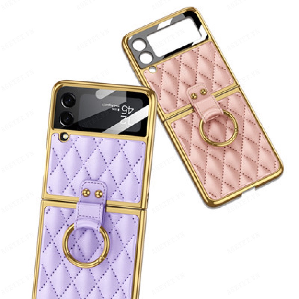 Ốp Điện Thoại Da Họa Tiết Chanel Mạ Điện Đính Kim Cương Sáng Tạo Có Vòng Nhẫn Cho Samsung
