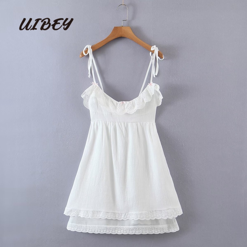 Uibey Đầm hai dây mảnh cổ chữ U không tay tươi tắn thời trang mới màu trắng 9546
