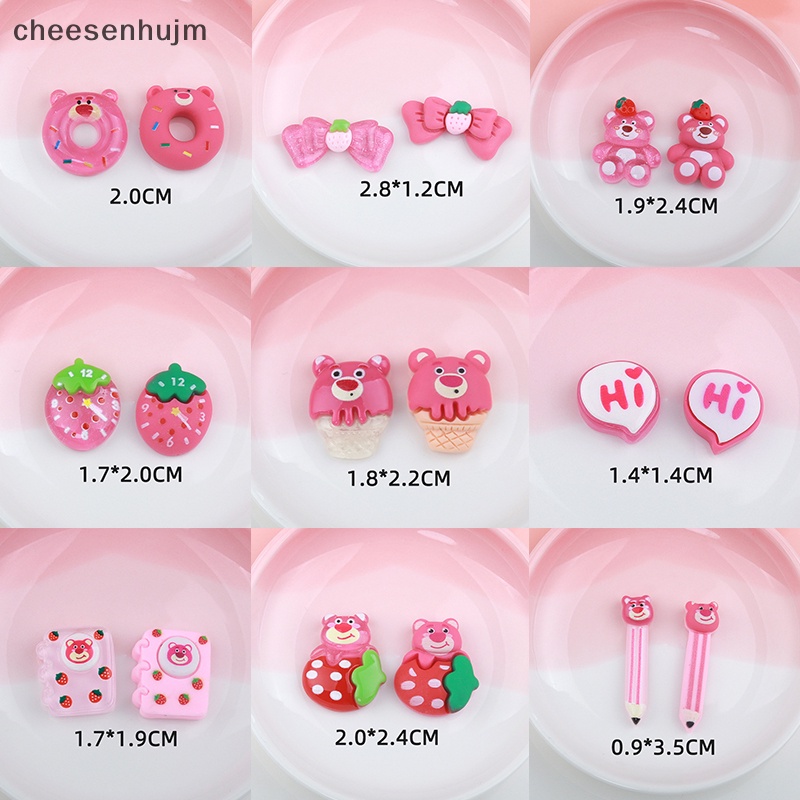 Set 10 Kẹp Tóc Hình Gấu Hồng / Dâu Tây Bằng Nhựa Resin DIY