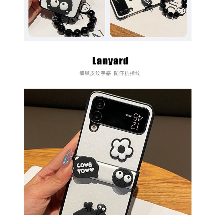 Ốp Điện Thoại Hình Hoa Màu Đen Phối Chuỗi Hạt Cho samsung galaxy z flip 5 4 3 5g flip5 zflip3 zflip4