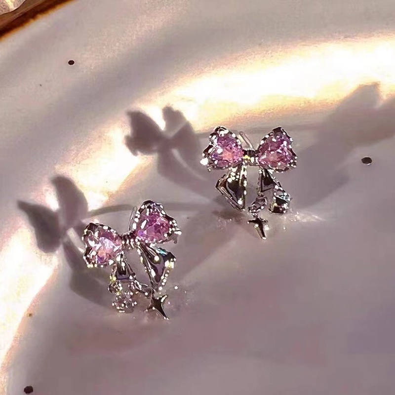 High-end pink bow stud earrings hoa tai tinh tế yr