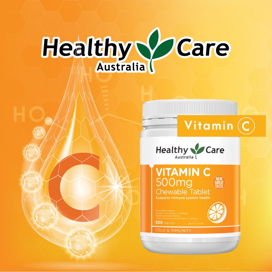 Vitamin C 500mg Chewable Healthy Care Viên nhai tăng đề kháng, sáng mịn da hộp 500 viên Extate Official Mall