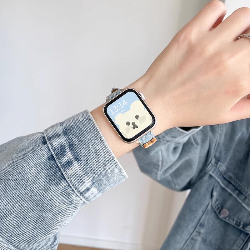 Dây Đeo Đồng Hồ Bằng Denim Họa Tiết Gấu Dễ Thương Cho Apple Watch Series 8 7 6 5 4 3 40mm 41mm 38mm 44mm 45mm 49mm