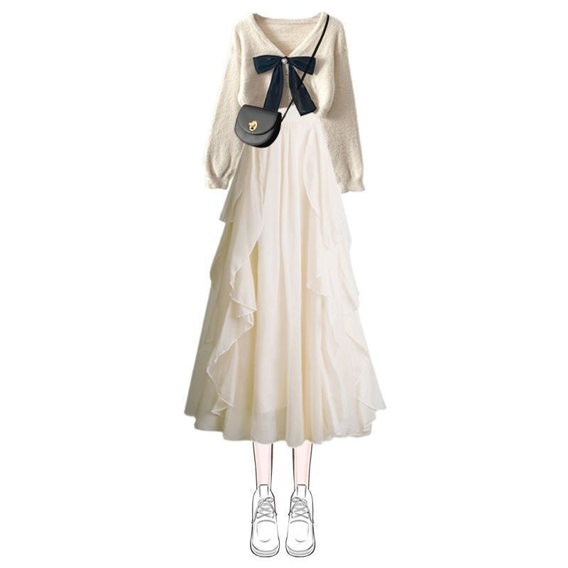 Beauty Set Đồ Nữ Phong Cách Nhẹ Nhàng Gồm Áo Len Dệt Kim Kiểu Mix Đầm Chít Eo Kiểu Xòe