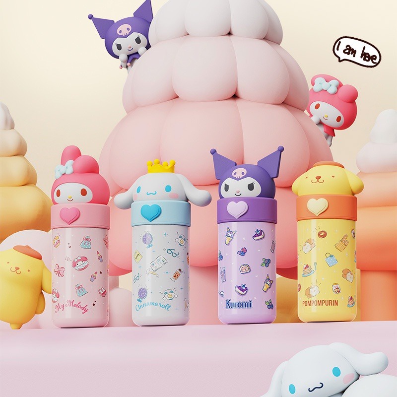 SANRIO Bình Nước Giữ Nhiệt 350ml Có Tay Cầm Họa Tiết Hoạt Hình Dễ Thương Cho Bé