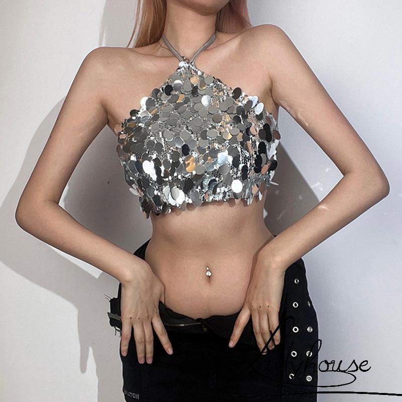 Áo Croptop Sát Nách Hở Lưng Dáng Ôm Đính Kim Sa Lấp Lánh Thời Trang Mùa Hè Quyến Rũ Cho Nữ