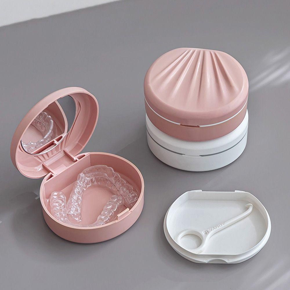 Hộp Giữ Răng Giả Hai Lớp Hình Vỏ Sò Có Gương Đơn Giản Cho Nam Nữ