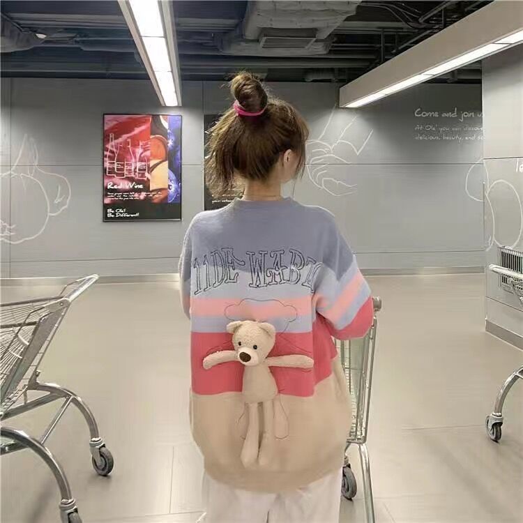 Áo Sweater Dáng Rộng In Hình Gấu Nhỏ Dễ Thương Phong Cách Hàn Quốc Thời Trang Thu Đông Cho Bạn Gái