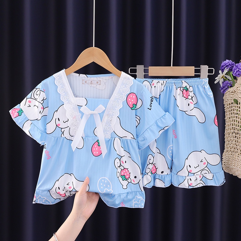 Bộ Đồ Ngủ Kuromi Ngắn Tay Họa Tiết Sanrio Cinnamorol Pijama Cho Bé Gái