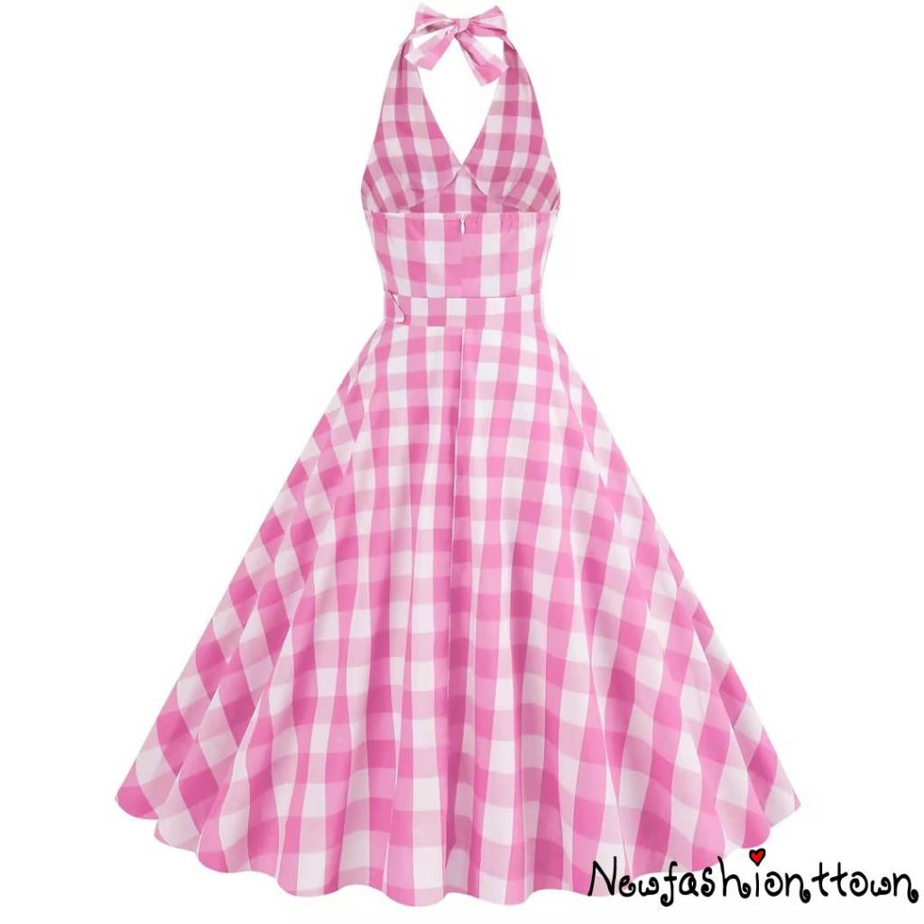 Nfashion-women ́s dễ thương barbie màu hồng kẻ sọc dây cổ váy midi ôm vừa vặn