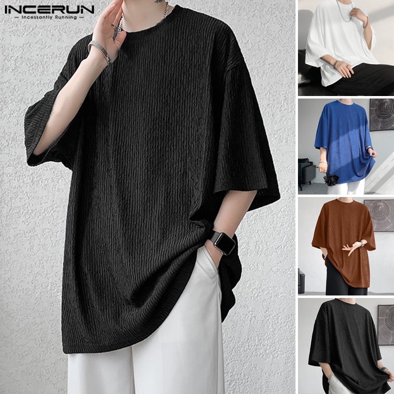 Áo thun INCERUN cổ tròn tay ngắn màu trơn phong cách Hàn Quốc dành cho nam