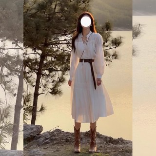 French white gentle style long v-neck dress spring fairy dress 2023 autumn dress