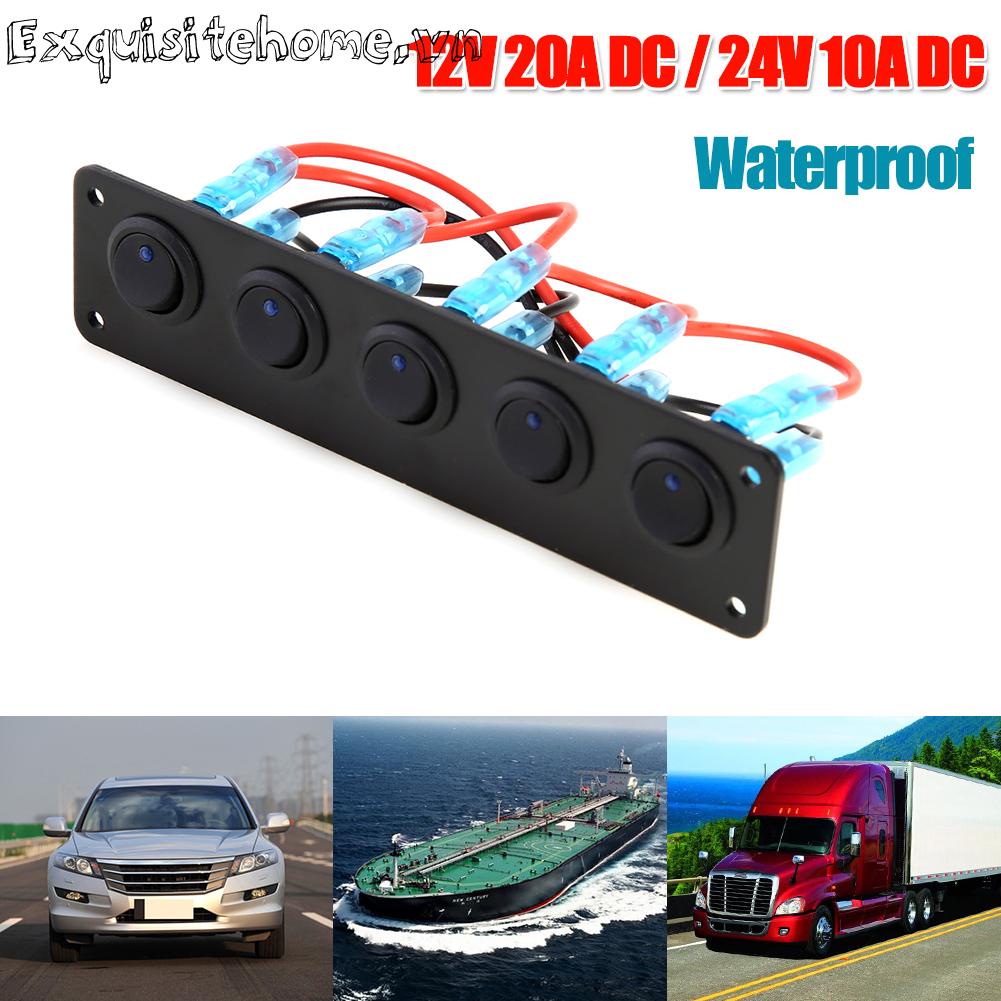 Bảng điều khiển công tắc rocker led 5 gang màu xanh không thấm nước 12v 20a 24v 10a cho thuyền ô tô