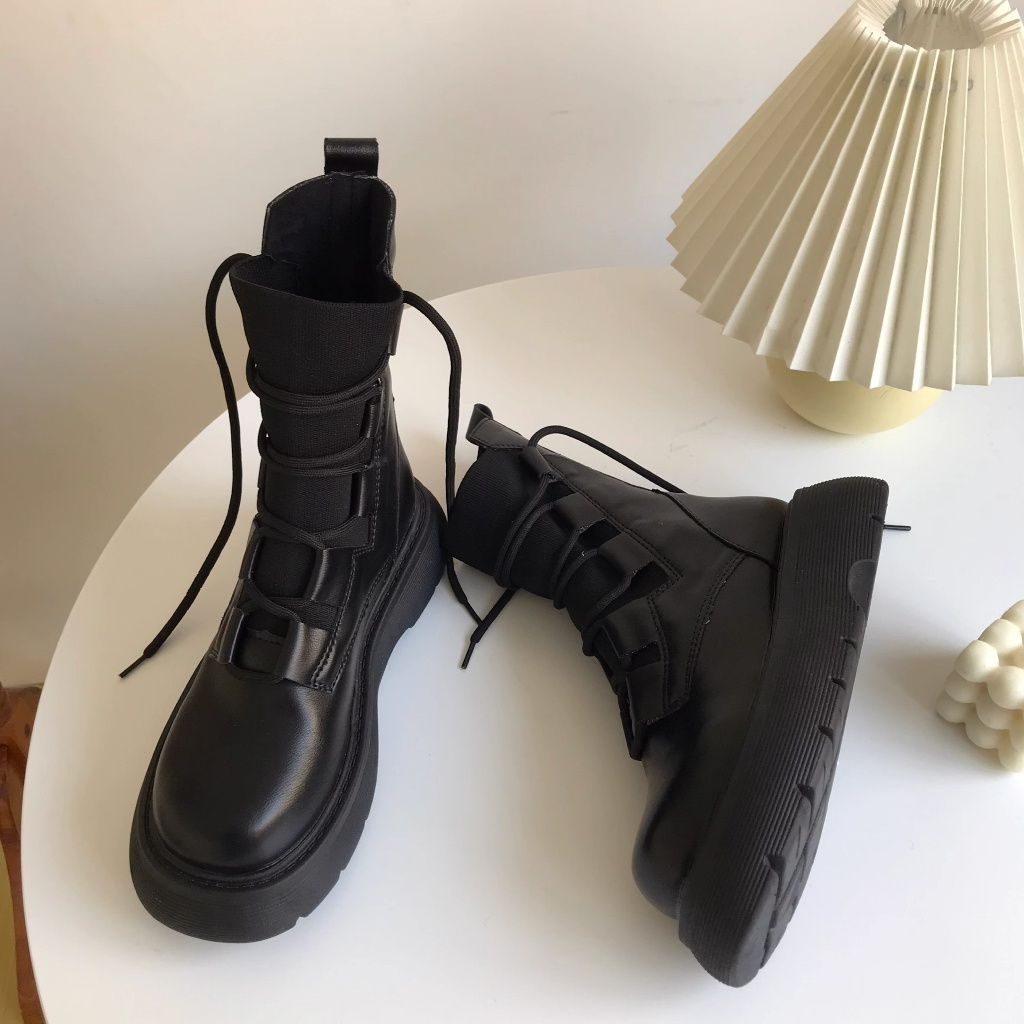 Giày BOOT/ bốt da cổ cao phối chun cột dây hot hit đa phong cách