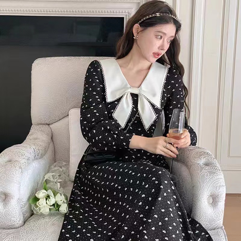 Đầm tay dài thắt nơ chấm bi đen thời trang Pháp retro mùa thu cho nữ