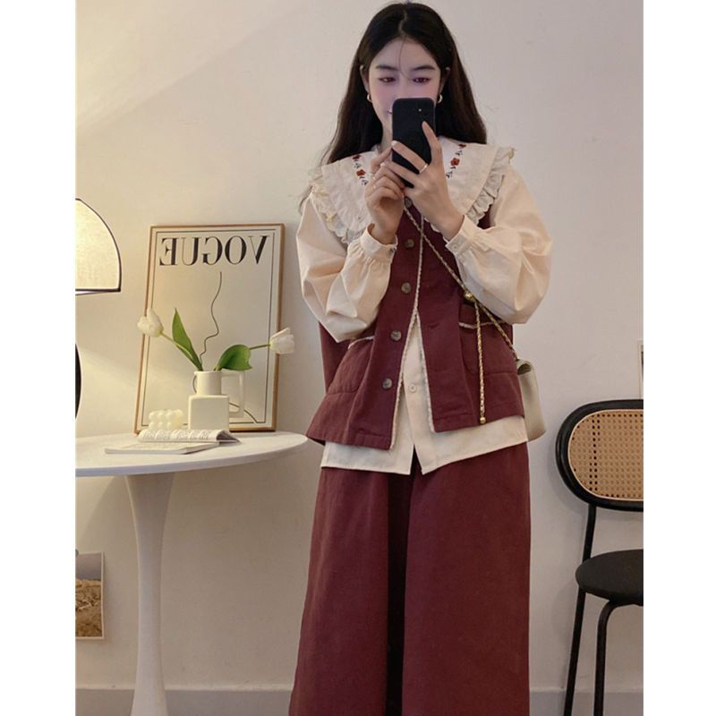 Set Áo Khoác Không Tay + Áo Sơ Mi Cổ Búp Bê + Chân Váy Phong Cách Thời Trang Mới