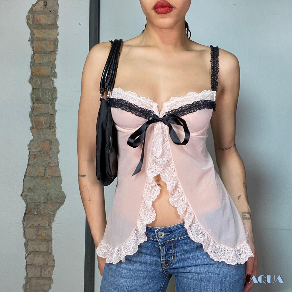 Anana-women basic mesh slit camisole casual summer ren trim không tay crop tops cho streetwear clubwear