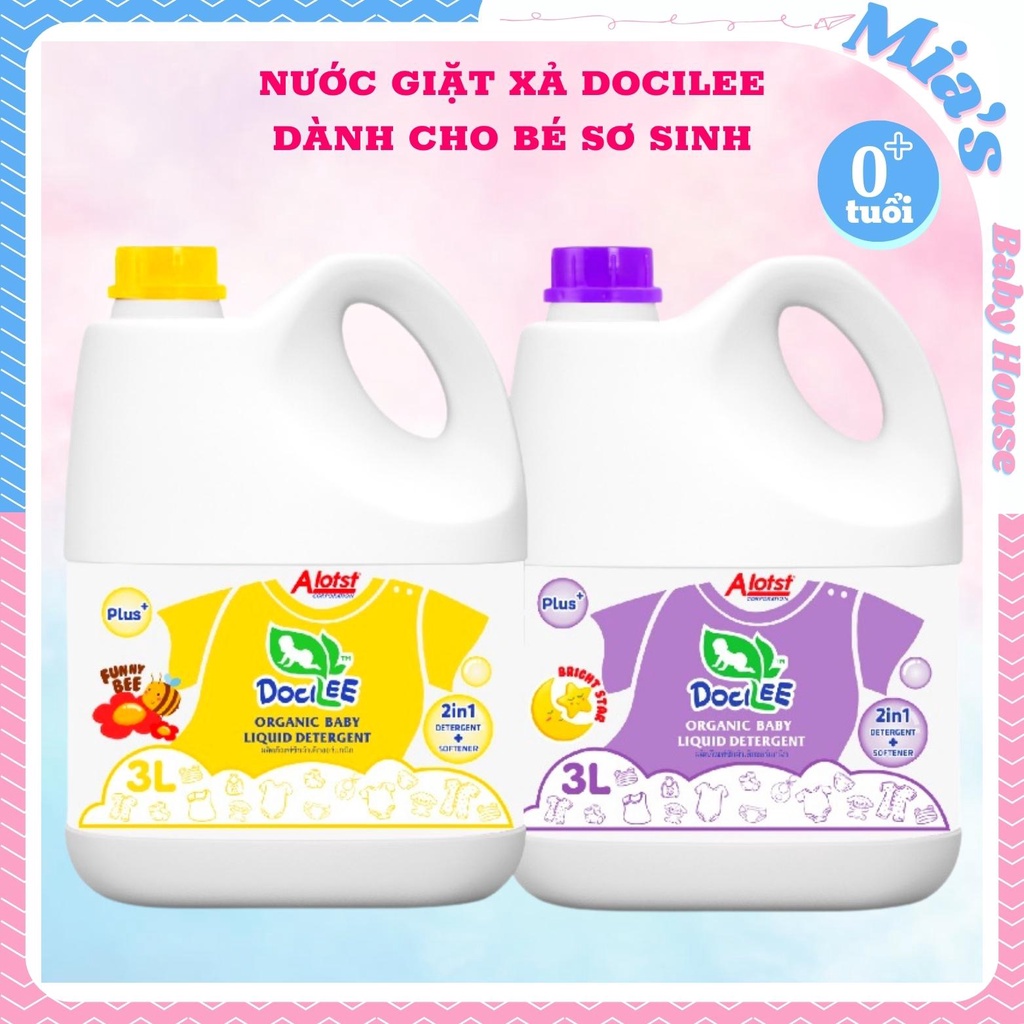 (MẪU MỚI) Nước giặt xả quần áo em bé sơ sinh Docilee organic 1 Lít - 3 Lít (Tem Alost)